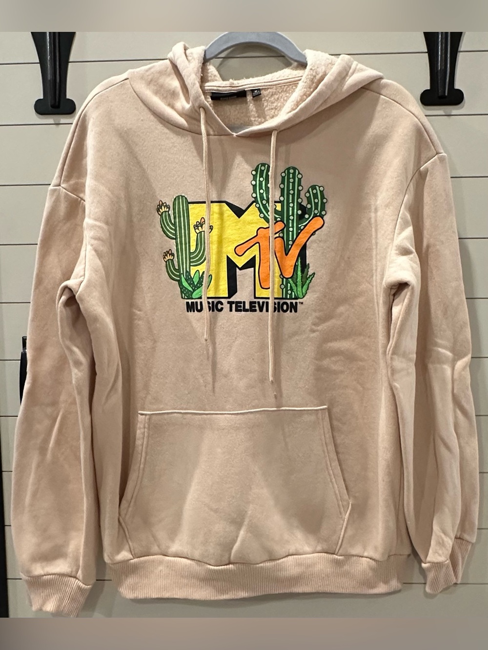 Men’s MTV Beige Crewneck Hoodie with Cactus Logo Size Medium